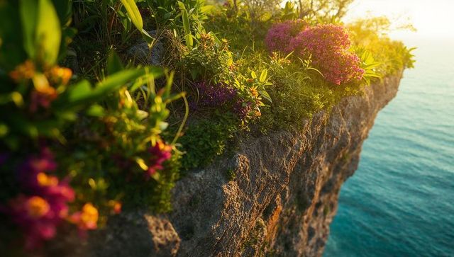 Blooming cliffs in golden light at seaside