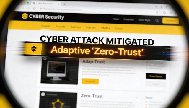 Magnifying glass highlighting adaptive zero-trust cyber attack mitigation on web interface