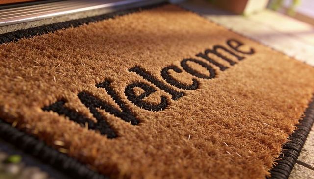 Welcoming coir doormat greeting visitors at sunlit front door with stitched border
