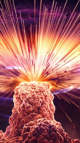 Vertical cinematic cosmic eruption emitting radiant beams and forming nebula ring