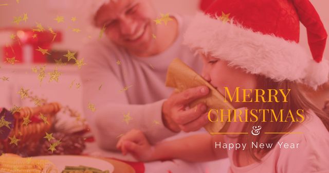 Father and Daughter Celebrating Christmas with Santa Hats and Joy - Download Free Stock Images Pikwizard.com