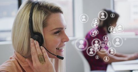 Businesswoman Wearing Headset Working on Virtual Interface