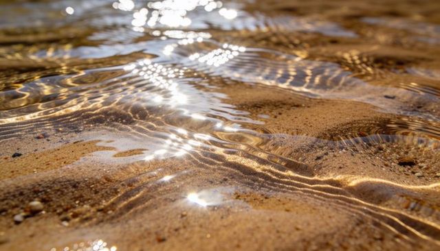 Golden sunlight sparkling on shallow rippling water over sandy seabed with pebbles