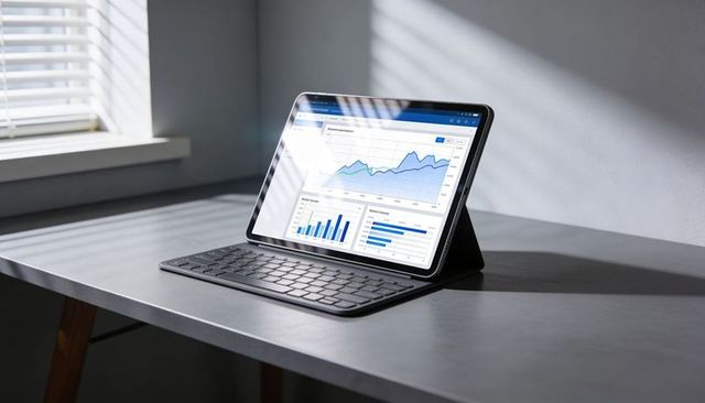 Tablet in folio with keyboard displaying business analytics dashboard on sunlit desk