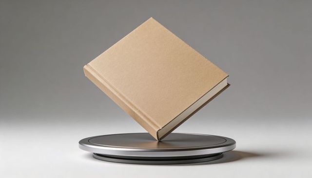 Floating kraft-brown hardcover book levitating above metallic pedestal with soft studio gradient