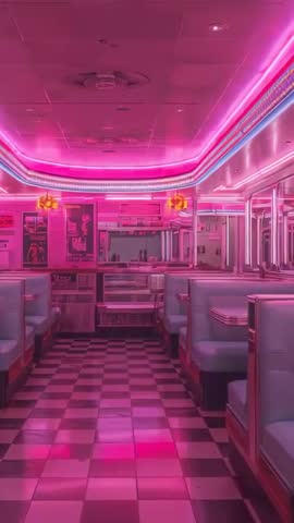 Pushing Through Neon Retro Diner Booths Vertical Video with Pink Pastel Glow