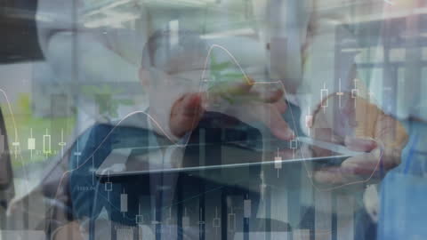 Businessman Analyzing Data on Tablet with Stock Chart Overlay
