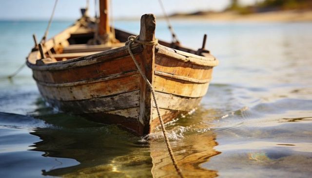 Weathered wooden rowboat floating in shallow sunlit water with tied mooring rope and mast