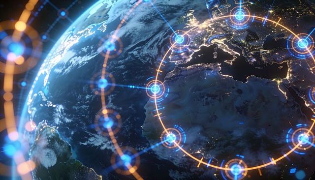 Holographic Global Network Ring Over Earth Night View Showing Europe North Africa Lights