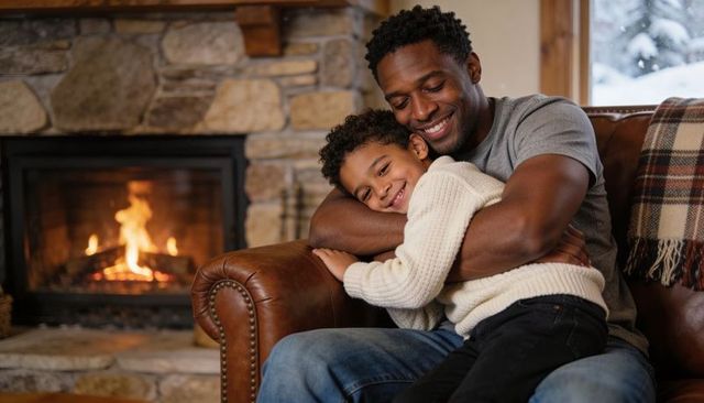 Father hugging son on leather sofa by glowing fireplace, cozy family winter moment for holiday ads
