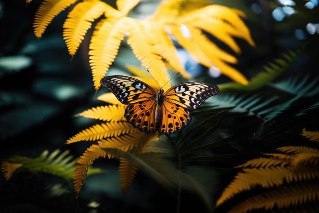 Vibrant Butterfly on Yellow Fern in Tropical Garden - Download Free Stock Images Pikwizard.com