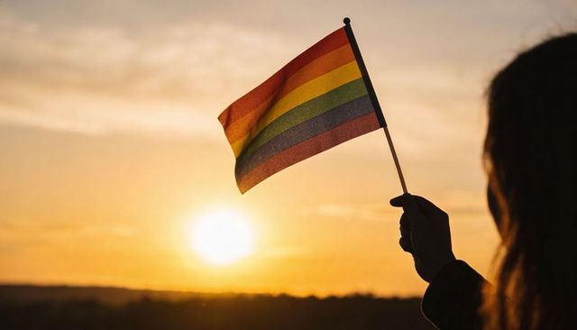 Silhouetted person waving rainbow pride flag at golden sunset on hilltop, horizon glow