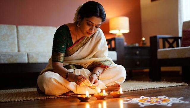 Indian woman in traditional sari lighting clay diyas and creating rangoli for diwali