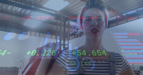 Digital Overlay and Caucasian Woman at Petrol Station, Technology and Fuel Interface