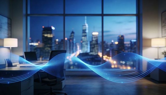 Blue data waveform streaming across modern office window over city nightscape presentation
