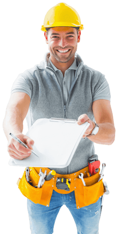 smiling handyman offering transparent clipboard for signature - Download Free Stock Videos Pikwizard.com