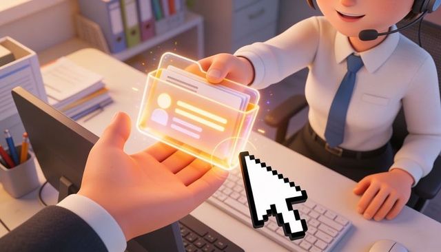 Support agent presenting glowing holographic id card to client hand with pixel cursor