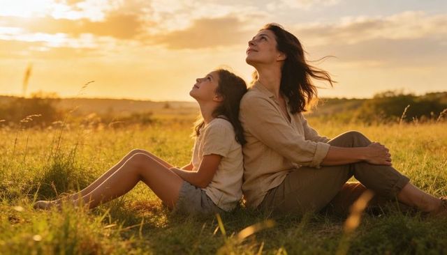 Mother and daughter resting back-to-back in golden meadow at sunset, serene family bonding