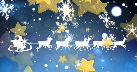Santa's Sleigh Flying with Reindeer in Starry Snowflake Sky