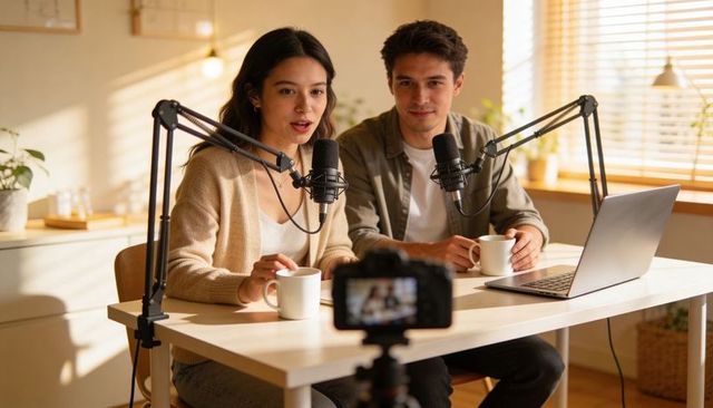 Young couple co-hosting cozy home podcast with microphones, laptop and camera