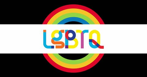 Colorful LGBTQ Text with Rainbow Circle on Black and White Background