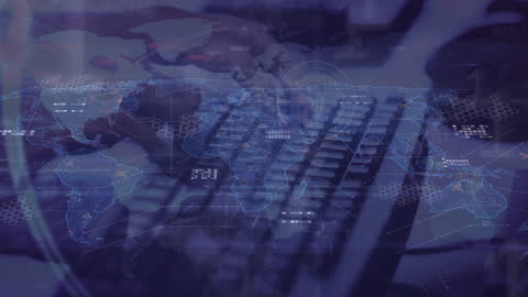 Digital World Map Overlay on Keyboard Typing in Global Technology Theme