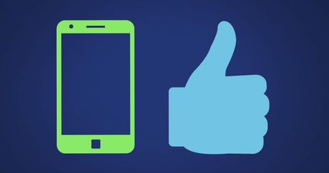 Green smartphone and blue thumbs-up icon on blue background