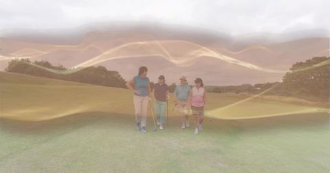Walking golfers on manicured fairway with golden ribbon overlay, friends enjoying round