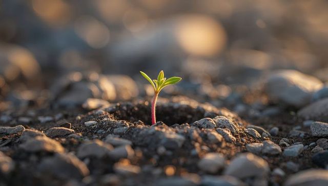 Young seedling growing through rocky soil at golden hour with warm bokeh lighting closeup