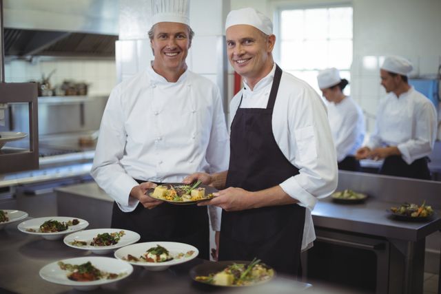 Chefs in professional uniforms presenting gourmet food plates in a well-equipped commercial kitchen. This image is suitable for content related to culinary arts, restaurant promotions, chef profiles, cooking classes, and team collaboration in the food industry.