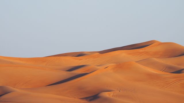 Golden sand dunes create rhythmic waves under a clear blue sky. Ideal for travel, nature, and desert-related content, this can be used to evoke a sense of adventure and the stark beauty of arid landscapes.