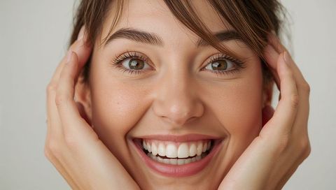 Smiling young woman showing white teeth closeup, hands framing face, natural makeup