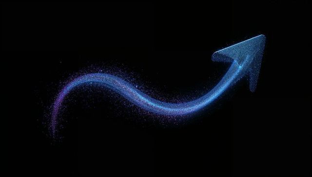 Glowing blue particle arrow sweeping upward with curved neon trail and 3d arrowhead