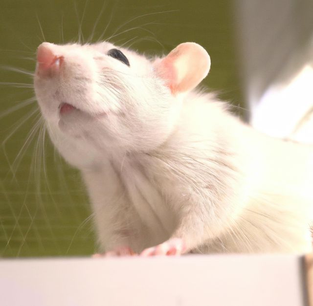 Perfect for use in educational materials, pet care blogs, or advertisements for pet products. Highlights the gentle and inquisitive nature of domesticated rats. Suitable for use in scientific publications or websites related to small animals.