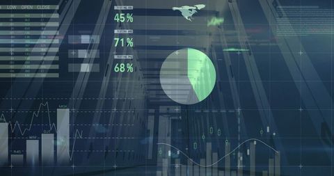 Data center analytics overlay showing real-time server performance metrics and charts