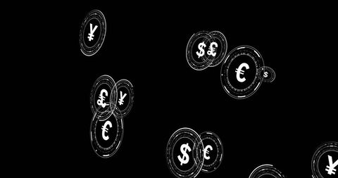Floating international currency symbols on black background