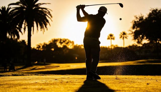 Golfer silhouette following through at sunset on palm-lined fairway golden hour backlight