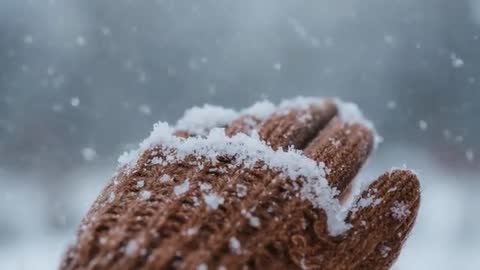 Brown Knit Glove Catching Snowfall Close-Up, Snow Accumulating on Palm