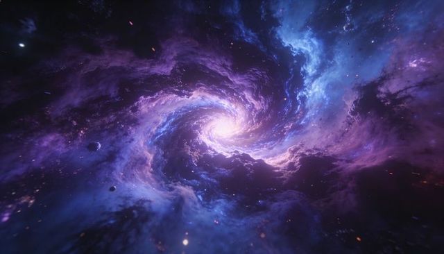 Swirling Violet Spiral Nebula with Luminous Pink Core and Stellar Dust Vortex