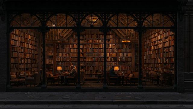 Warm Vintage Bookstore Interior Glowing Through Arched Windows at Night