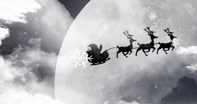 Santa Claus Silhouette in Sleigh Pulled by Reindeer with Full Moon Background - Download Free Stock Images Pikwizard.com