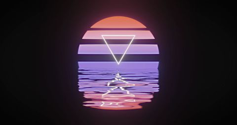 Abstract Digital Sunset with Neon Triangle Reflection