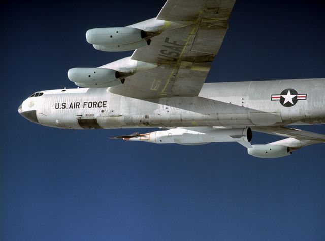NASA's historic B-52 mother ship carried the X-43A and its Pegasus booster rocket on a captive carry flight from Edwards Air Force Base Jan. 26, 2004. The X-43A and its booster remained mated to the B-52 throughout the two-hour flight, intended to check its readiness for launch. The hydrogen-fueled aircraft is autonomous and has a wingspan of approximately 5 feet, measures 12 feet long and weighs about 2,800 pounds.