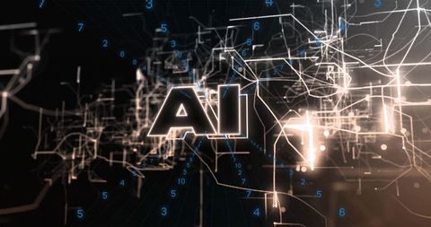 Glowing ai letters floating in futuristic wireframe network with blue numeric data