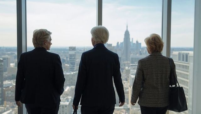 Senior women leaders gazing over urban skyline from high-rise office window