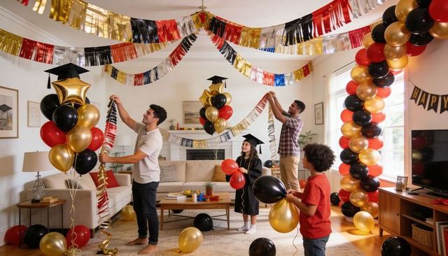 Family decorating living room with graduation balloons, metallic streamers and mortarboard