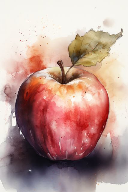 Watercolor painting of red apple with green leaf showcases a vibrant, artistic illustration. Beautiful splashes and textures create a dynamic and visually stunning representation. Perfect for adding an artistic touch to kitchen décor, food blogs, culinary publications, or art-related projects.