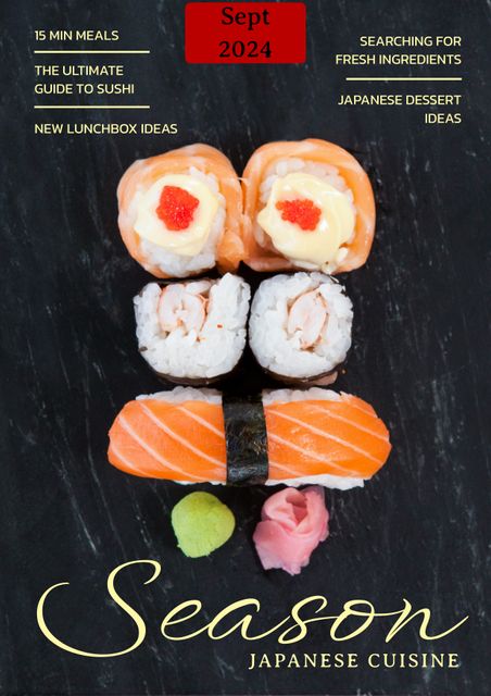 Ideal for promoting Japanese cuisine, sushi recipes, and fresh ingredient tips. Suitable for culinary magazines, cooking blogs, menus, and cooking class advertisements. This issue provides readers with quick 15 minute meal ideas, the ultimate guide to sushi, new lunchbox ideas, and inspiration for Japanese desserts.