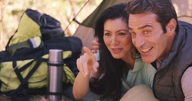 Couple is speaking together outdoor 