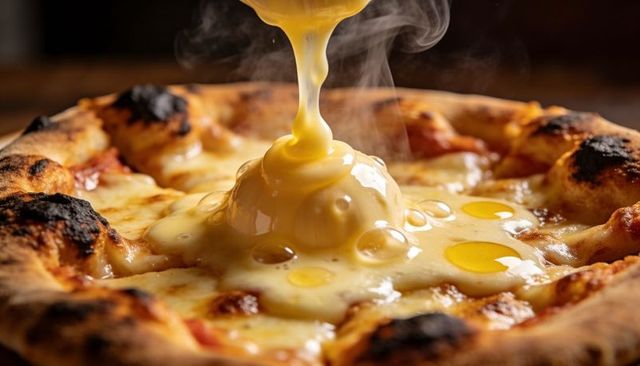 Pouring melted burrata over neapolitan pizza with runny egg yolks and rustic charred crust
